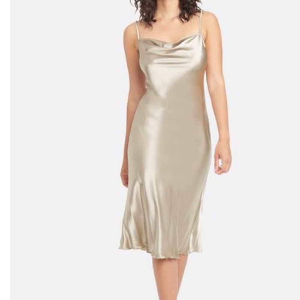 Bebe satin slip cowl neck mini dress taupe